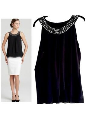 Shannon Ford New York Chiffon Silver Beaded Neckline Top Blouse XL